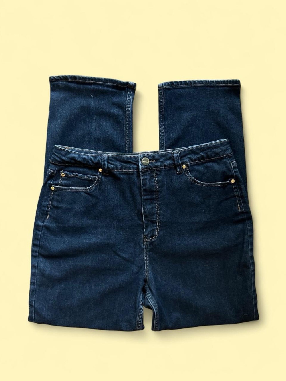Caché High Rise Straight Leg Dark Wash Denim Jeans Size 32 Gold Hardware
